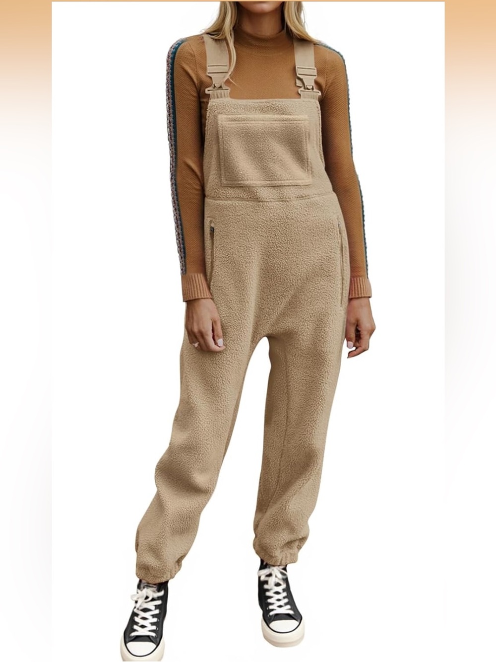 Ebifin Women's Fleece Warm Overalls – Beige Winter Jumpsuit Size Small
